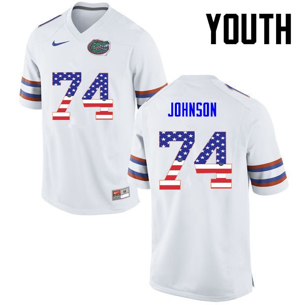 Florida Gators Youth #74 Fred Johnson College Football USA Flag Fashion White